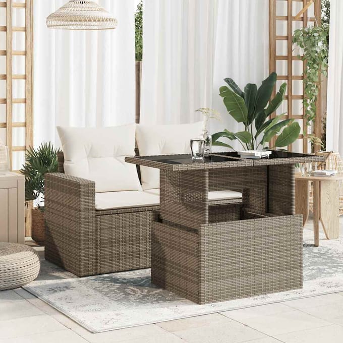vidaXL - Tuintafel - met - glazen - blad - 100x55x73 - cm - poly - rattan - grijs