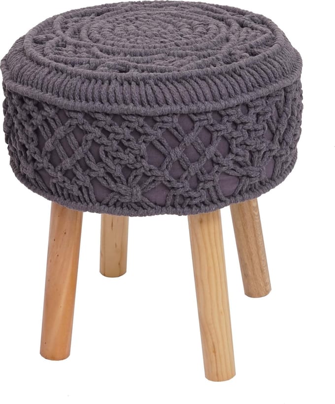 Kruk MCW-J43, gebreide kruk poef, 45x41cm rond macramé/gebreide stof/textiel ~ donkergrijs