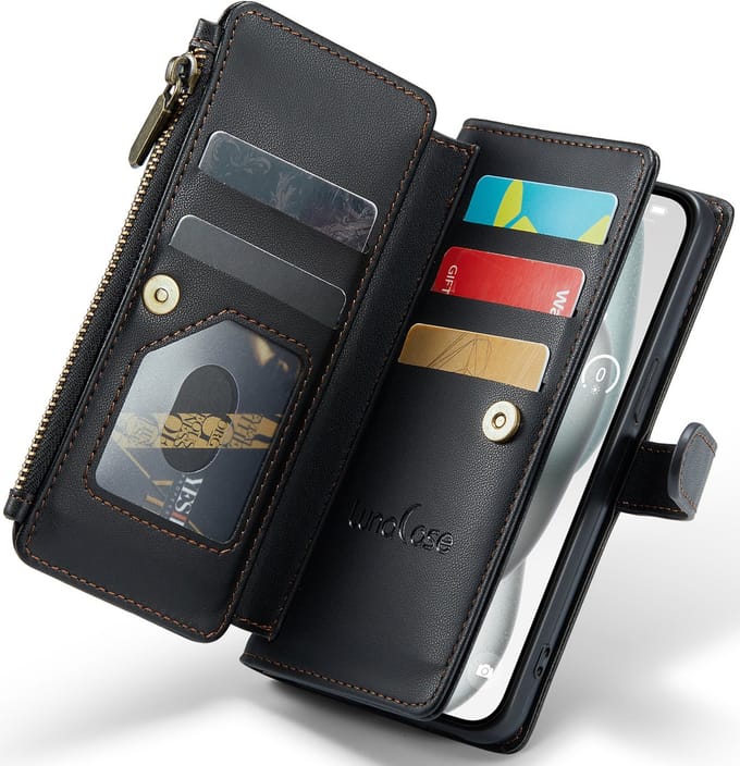 Hoesje geschikt voor iPhone 15 Plus - ZipCase Book Cover Case Kunstleer Obsidiaan Zwart