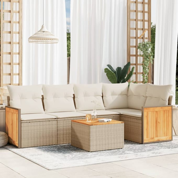 vidaXL - 6-delige - Loungeset - met - kussens - poly - rattan - beige