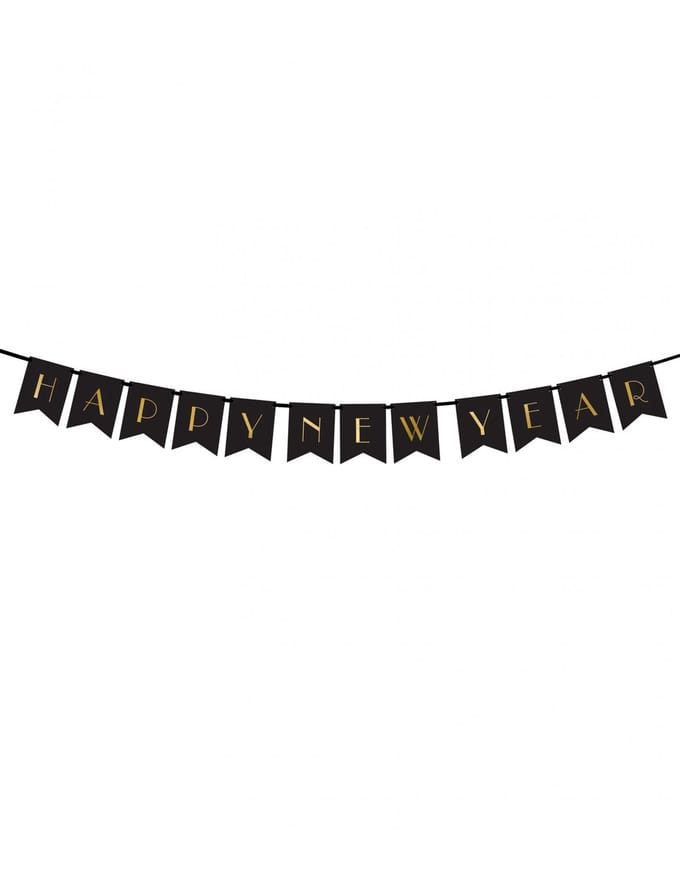 PartyDeco - Banner Happy New Year Black gold