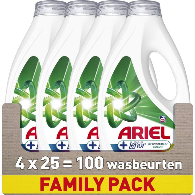 Ariel Wasmiddel +Touch of Lenor Unstoppables Kleur - 4 x 25 Wasbeurten