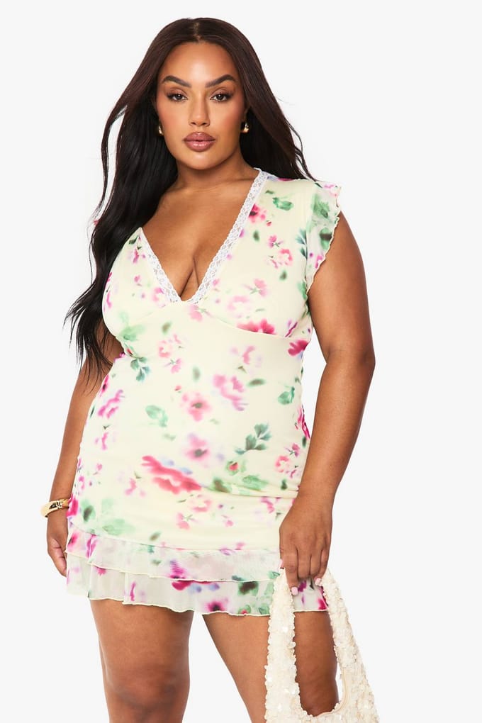 boohoo Dames Plus Bloemenprint Gaas-mini-jurk met Drop Hem | Lemon | Maat: 18