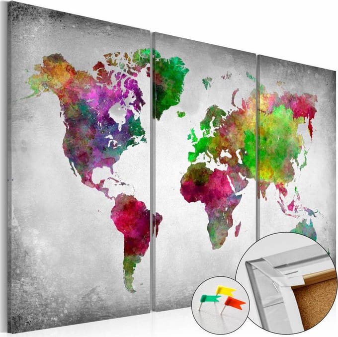 Afbeelding op kurk - Diversity of World , Wereldkaart, Multikleur, 3luik