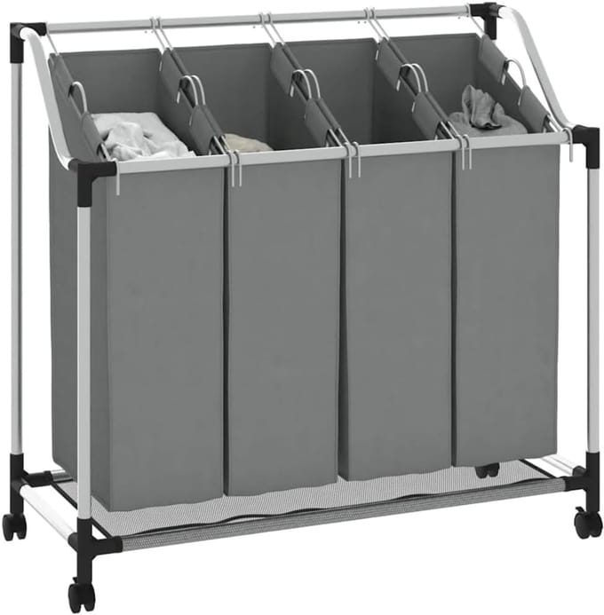 SAVI® Wasmand 4 Vakken - Wasmand - Wassorteerder - Grijs - ‎96cm x 40cm x 92 cm