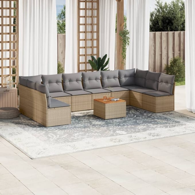 vidaXL - 11-delige - Tuinset - met - kussens - poly - rattan - beige