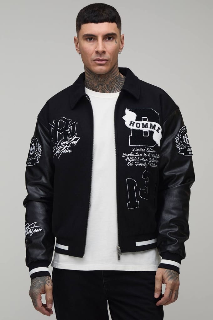 Lange Boxy Fit Melton & Pu Gemengde Stof Applicatie Varsity Jack | Black | Size Medium
