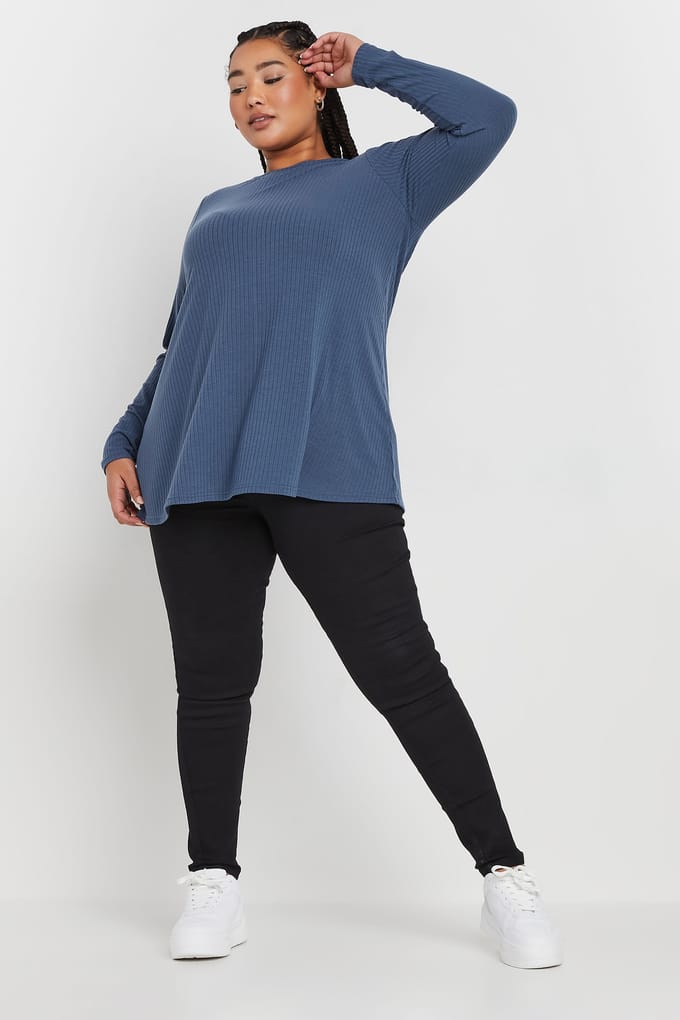 Yours Top Met Geribbelde Textuur En Lange Mouwen In Denimblauw Size 44