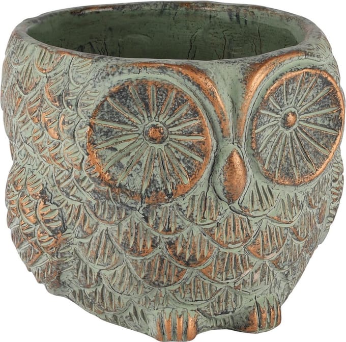 Dekoratief | Bloempot uil, goen/goud, cement, 21x21x16cm | A250458