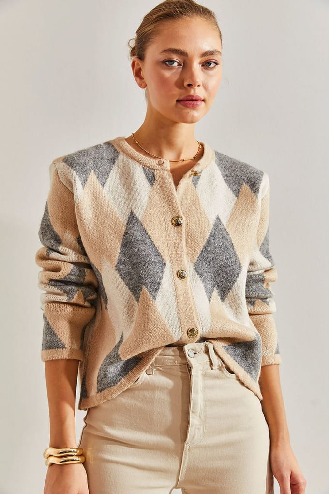 Geometrische Gebreide Knopen-up Korte Cardigan