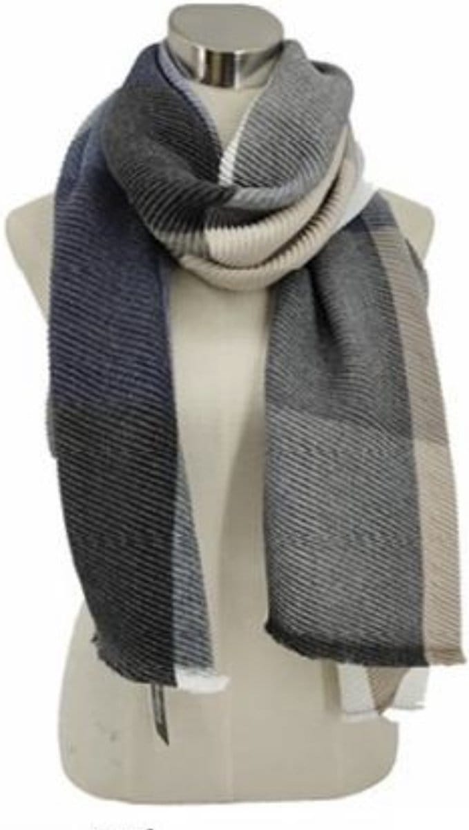 Sjaal-omslagdoek geribbeld-blokprint herfst-winter 210/70cm blauw
