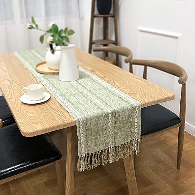 Retro Tafelloper Elegant Handgeweven Katoen Linnen Eettafelloper met Kwasten voor Bruiloft groen