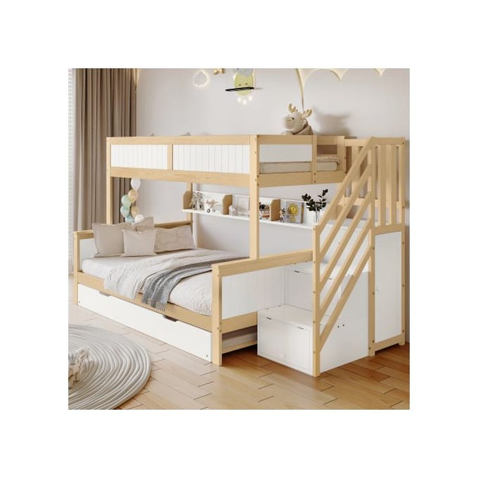 Stapelbed - MUVOE - Wit + Naturel - 90x200 cm - Massief hout - 2/3 persoons wit