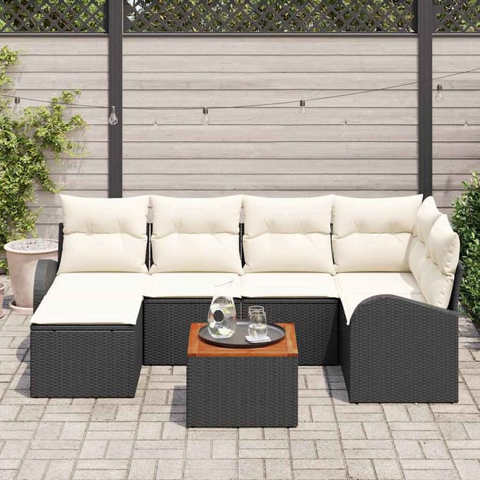 vidaXL - Tuinbank - Set - 7 - st - Zwart - en - Crème - poly - rattan