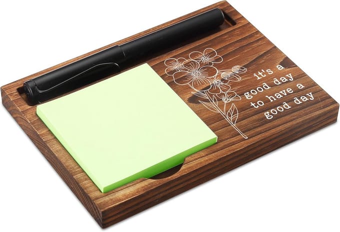 Houten Notitieblok Houder met Pen Sleuf - Bureau Accessoire met Inspirerende Tekst
