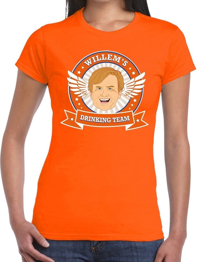 Koningsdag Willem drinking team t-shirt oranje dames - Koningsdag kleding S