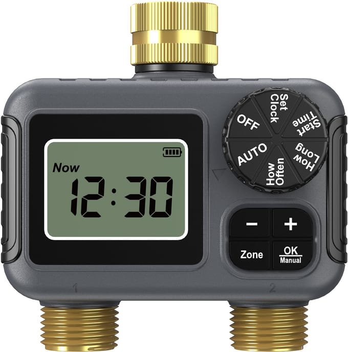 Messing 2-weg watertimer – Besproeiingscomputer voor 2 zones - Besproeiingscomputer - beregeningscomputer - IP66 Waterdichte - Instelbare bewateringstijd en - frequentie per zone