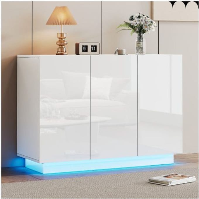 Buffet - MUVOE - Buffet 120 x 40 x 75 cm - 3 portes - Finition blanche brillante - LED 16 couleurs Bluetooth