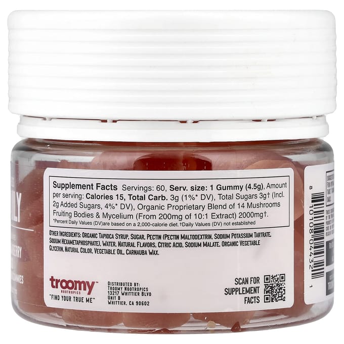 Troomy Nootropics, Dagelijks, Functionele Paddenstoelen Gummies, Aardbei Mango, 60 Gummies, 270 g (270 g)