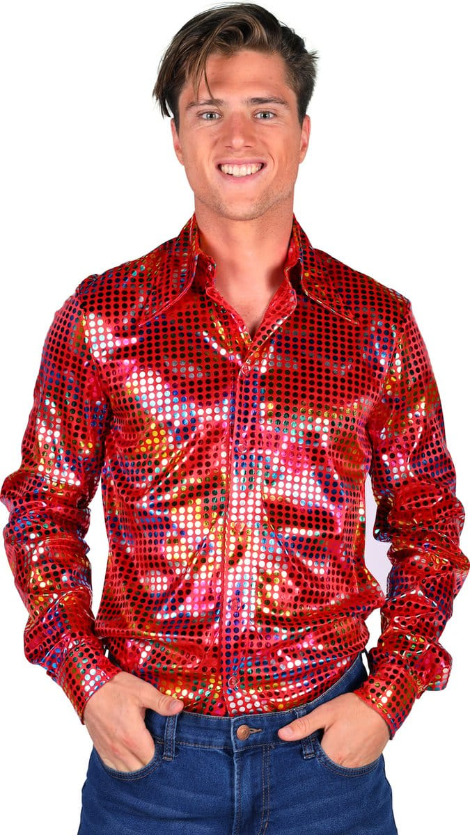 Overhemd Disco - Heren Blouse - Disco 80/90 - Hippie - Carnaval - Verkleedkleding - Rood - Maat L