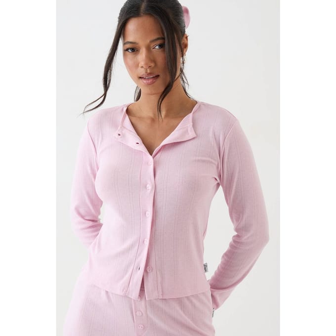 Dames Dsgn Studio Pointelle Top Met Knoopsluiting En Lange Mouwen | Lichtroze | Maat: Medium