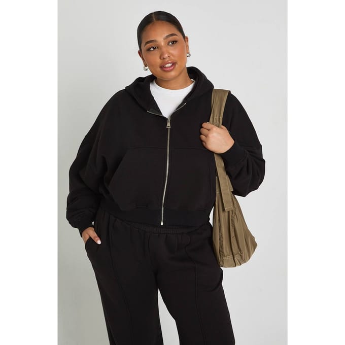boohoo Dames Plus Core Basic Boxy Hoodie met ballonmouwen, oversized pasvorm en ritssluiting | Zwart | Maat: 50
