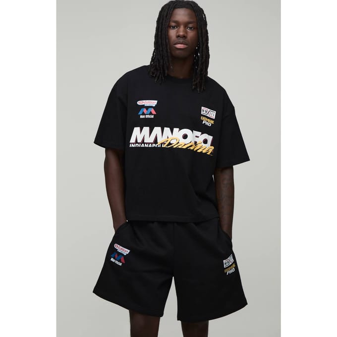 Oversized Boxy Heren Moto Bedrukt T-shirt & Baggy Short Set | Black | Size Medium