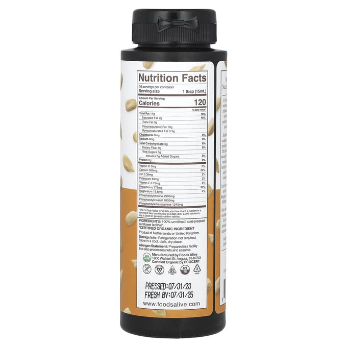 Foods Alive, Biologische Zonnebloemlecithine, 8 fl oz (236 ml)