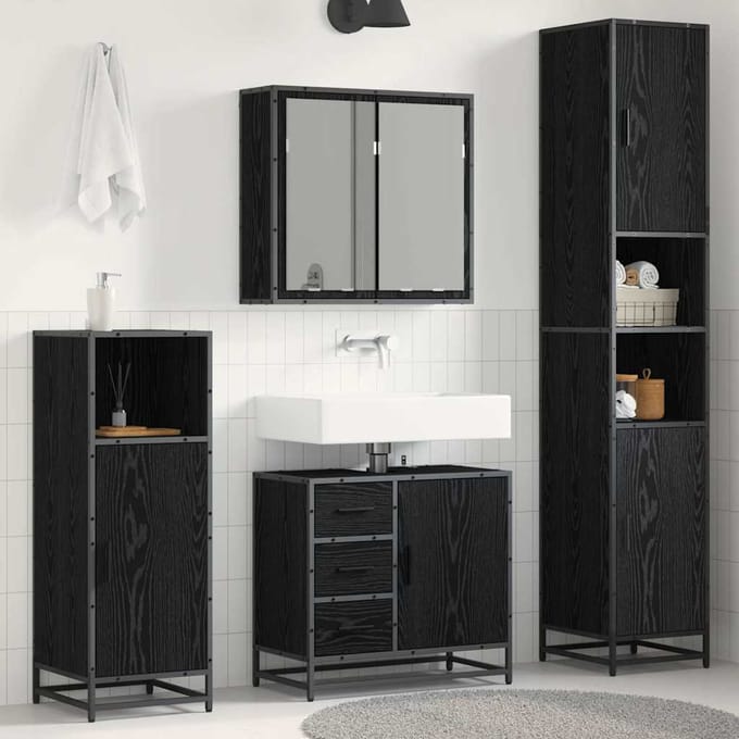 vidaXL - Badkamermeubel - Set - 4 - st - Zwart - Eiken - Bewerkt - hout