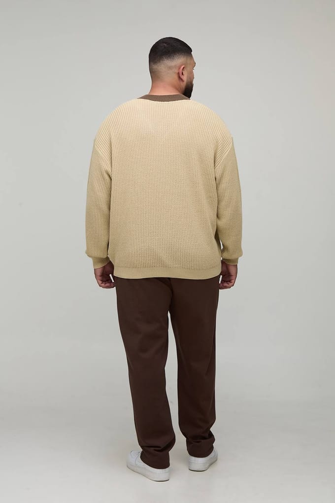 Plus Oversized Gebreide Contrasterende V-hals Trui | Ecru | Size 2XL