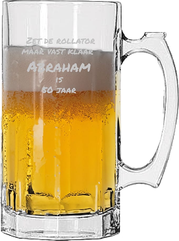 Gegraveerde bierpul 1ltr Zet de rollator maar vast klaar abraham is 50 jaar