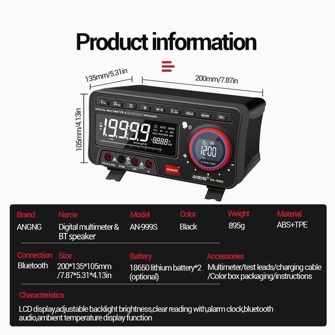 ANENG 2-in-1 BT-luidspreker AC/DC Bank Multimeter 19999 Counts True-RMS Spraakuitzending Multimeter Without Battery & Combination Lines