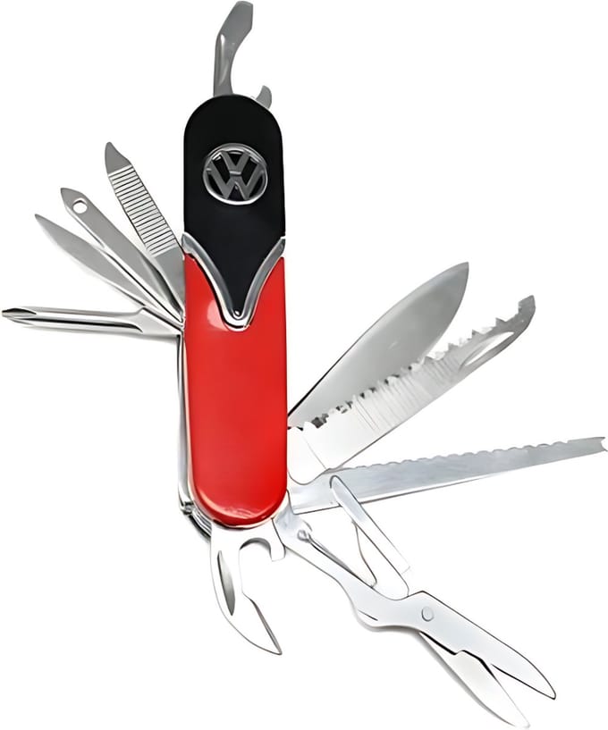 Zakmes Volkswagen – Rood Zwart - Retro stijl – 10 tools – RVS