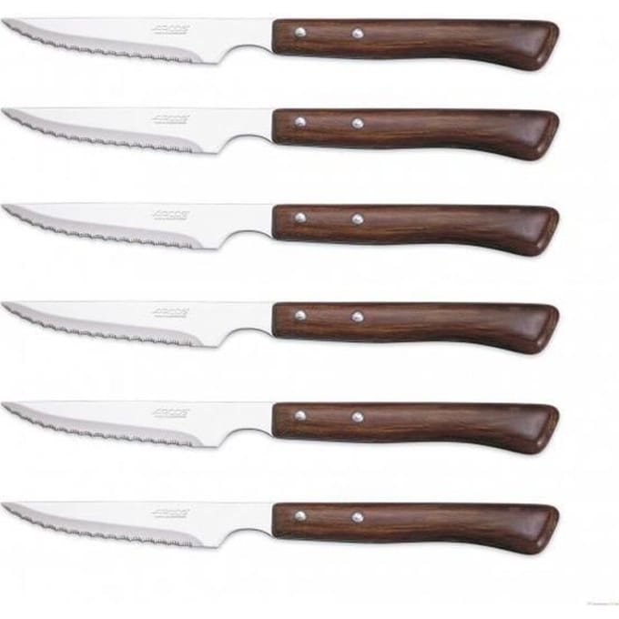 Set van 6 steakmessen - ARCOS - Houten handvatten - Microgekartelde roestvrijstalen lemmeten