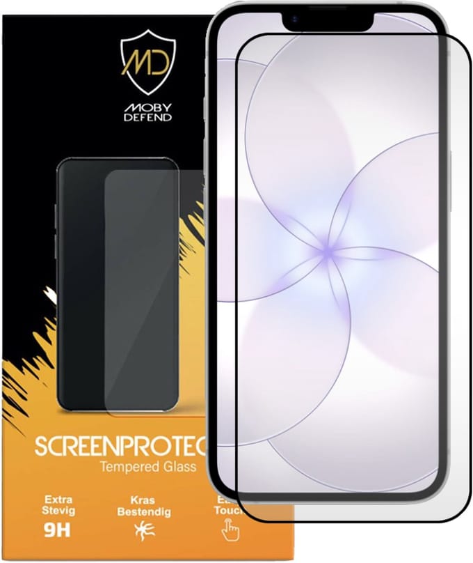 MobyDefend Screenprotector - Geschikt voor iPhone 17e - Screensaver Met Zwarte Randen - Gehard Glas