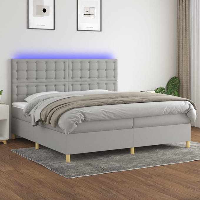 vidaXL - Boxspring - met - matras - en - LED - stof - lichtgrijs - 200x200 - cm