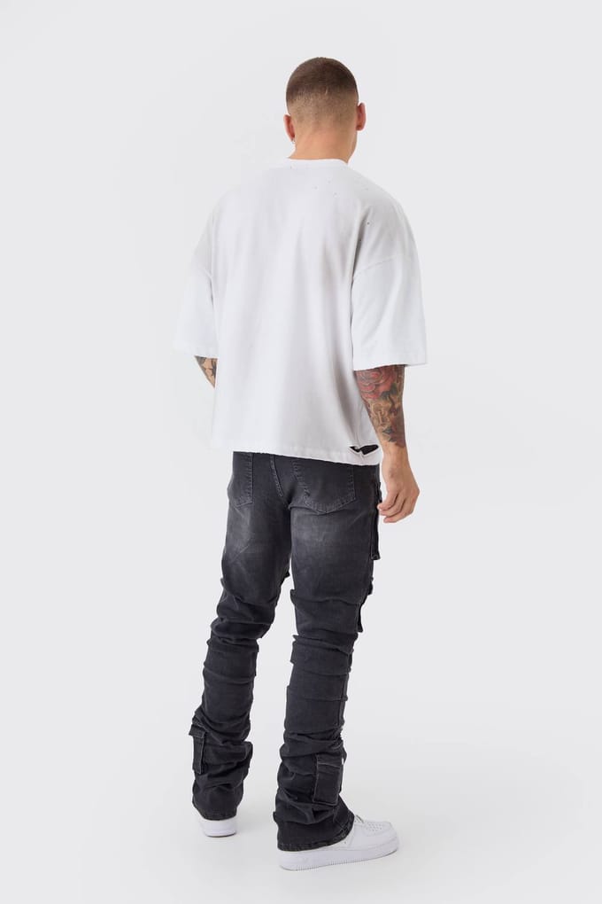 Skinny Stacked Multi Cargo Pocket Flared Jeans | Mid Grey | Size 36R