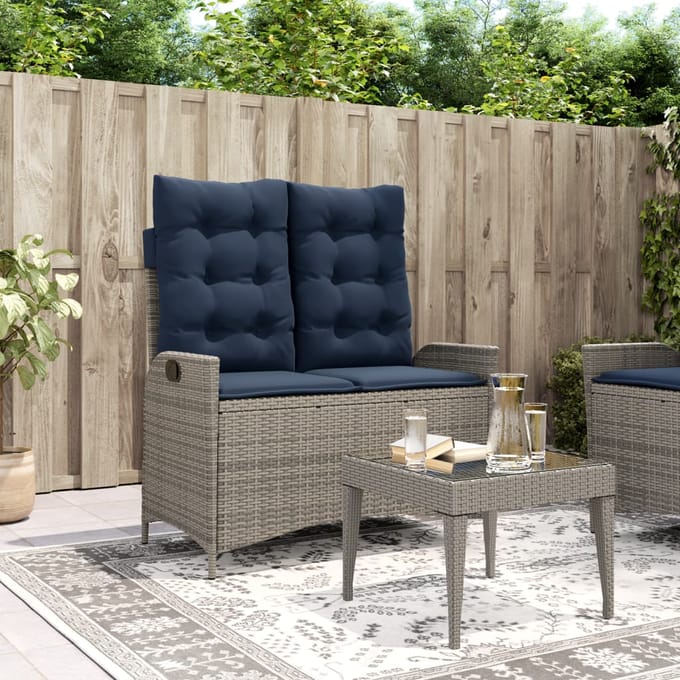 vidaXL - Tuinbankje - verstelbaar - met - kussens - poly - rattan - grijs