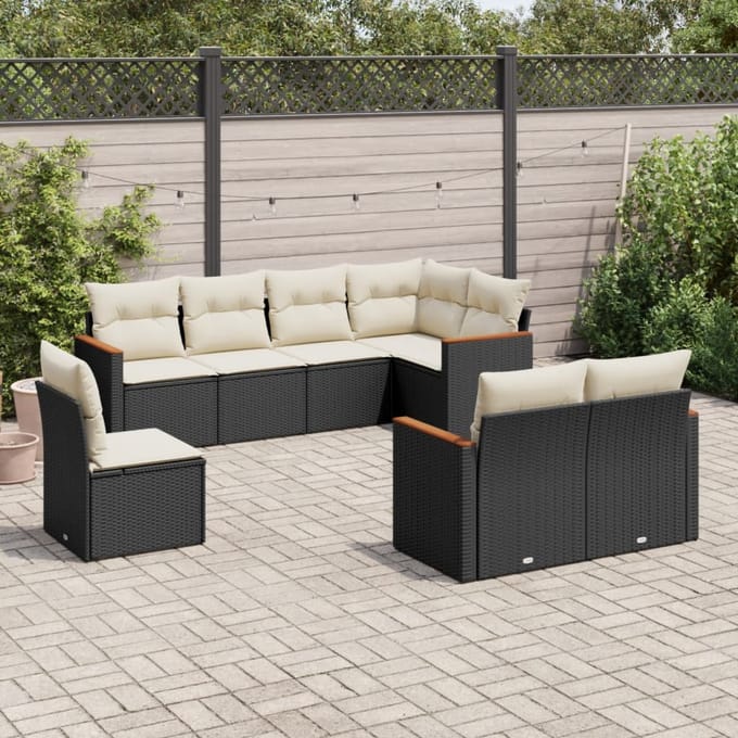 vidaXL - 8-delige - Loungeset - met - kussens - poly - rattan - zwart