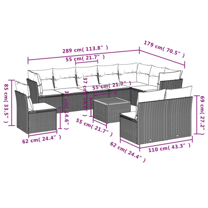 vidaXL - 11-delige - Tuinset - met - kussens - poly - rattan - beige