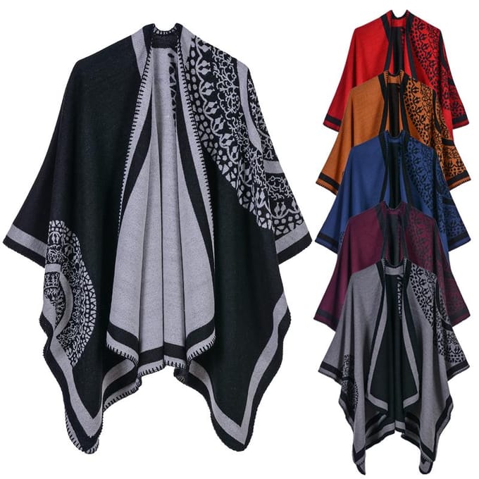 Etnische Vrouwen Sjaal Poncho Kunst Kasjmier Colorblock Tribal Jacquard Waterval Drape Lang Oversized blauw