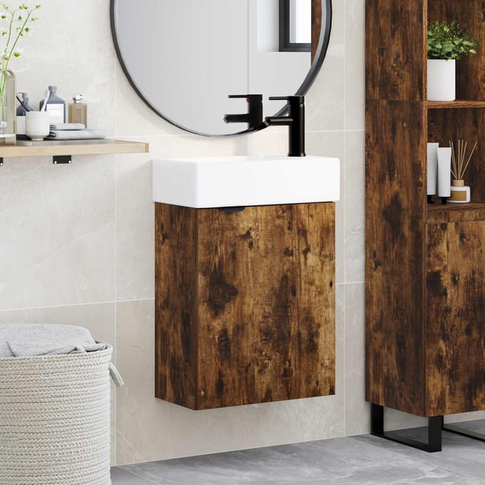 vidaXL - Badkamermeubel - met - kraan - Gerookt - eiken - 45,5 - x - 22,5 - x - 84 - cm