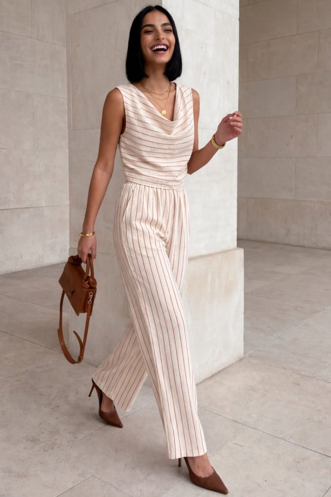 Hooggewaisted Gestreepte Col Hals Twee-Delig Set