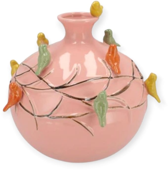DK Design Vaas Spring birds - roze - keramiek - D18 x H18 cm - bloemenvaas