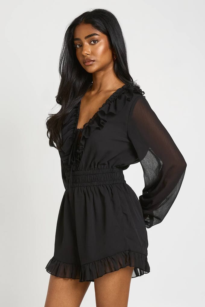 boohoo Dames Playsuit Van Gestructureerde Chiffon Met Ruchedetail | Zwart | Maat: 36
