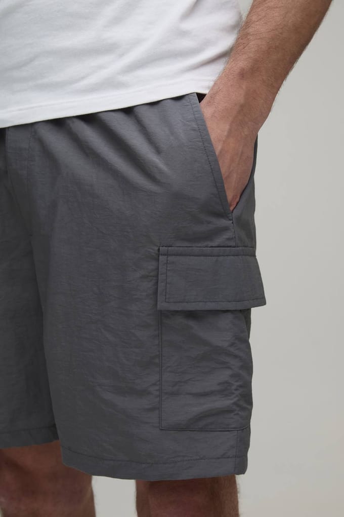 Essential Relaxed Fit Elasticated Nylon Cargo Shorts | Grey | Size Medium