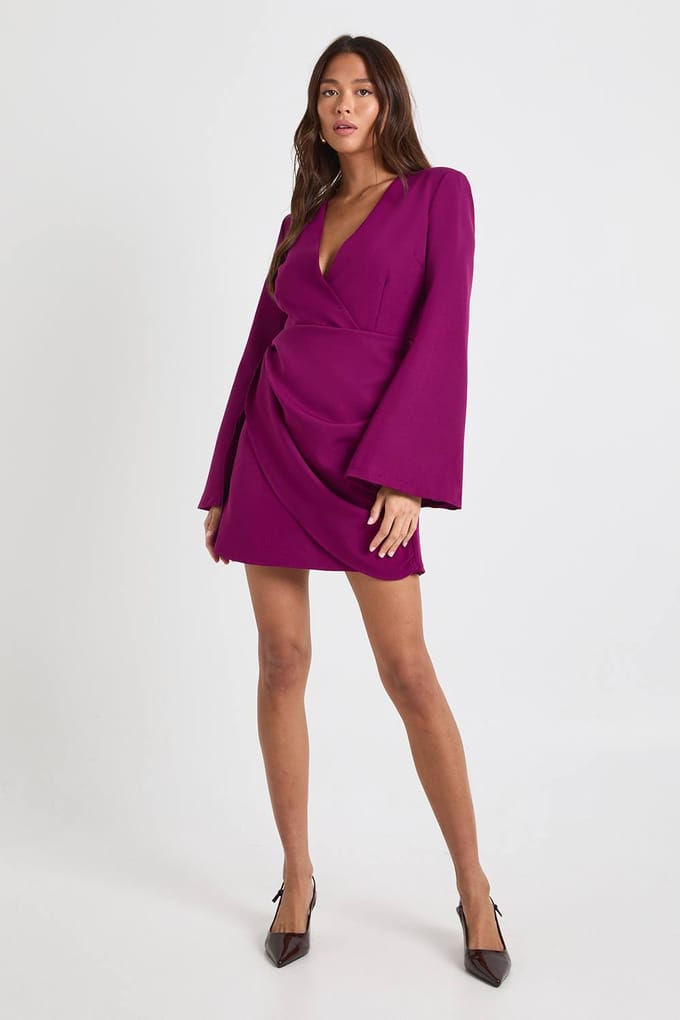 boohoo Dames Kraagloze gedrapeerde blazerjurk met getiede taille | Pruim | Maat: 44