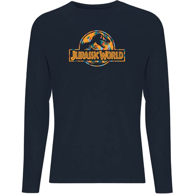 Jurassic Park Logo Tropical Men's Long Sleeve T-Shirt - Navy - L