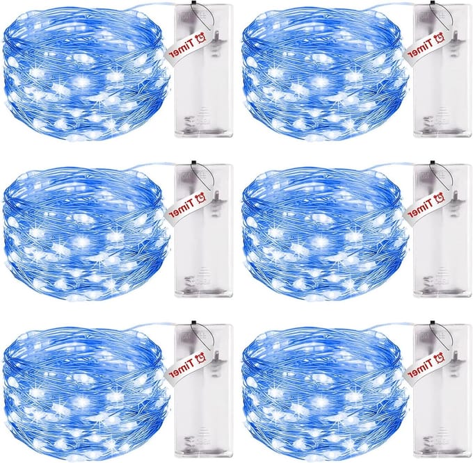 Accu Aangedreven Sfeerverlichting met Timer - 3 m, 30 LED's, Waterdicht, Koper Draad, Ideaal voor Feesten, Kerst en Bruiloften, Blauw, Set van 6