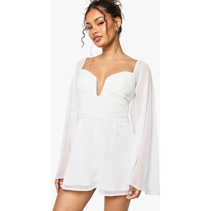 boohoo Dames Chiffon geplooide playsuit met lange mouwen | White | Maat: 12